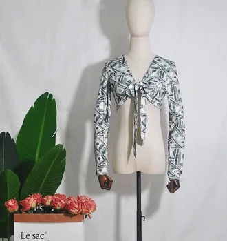 Seksualus 3D Spausdinimo Doleris Marškinėliai 2019 Naujas Moterų Mados ilgomis Rankovėmis Pinigus, T Marškinėliai Atsitiktinis Aukšto Kaklo Viršūnes Moterų Streetwear Tees