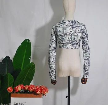 Seksualus 3D Spausdinimo Doleris Marškinėliai 2019 Naujas Moterų Mados ilgomis Rankovėmis Pinigus, T Marškinėliai Atsitiktinis Aukšto Kaklo Viršūnes Moterų Streetwear Tees