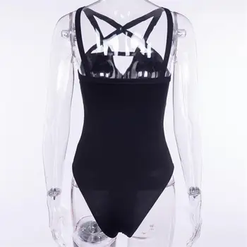 Seksualus Gotikos Moterų Jumpsuits Backless Kryžiaus Dirželis Priekiniai Dizaino Tuščiaviduriai Iš Pentagram Romper Juoda Berankovė Slim Bodysuit