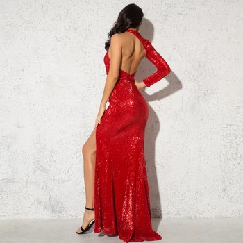 Seksualus Kojų Padalinta Red Sparkle China Maxi Suknelė Elegantiškas Vieno Peties Backless Atvira Nugara Grindų Ilgis Mermaid Dress Elastinga Smaragdas