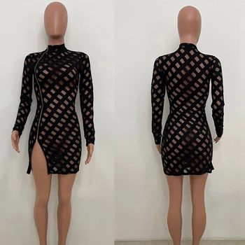 Seksualus Naktinis Klubas Mini Suknelė Moterims Ilgomis Rankovėmis Tuščiaviduriai Iš Juodosios Bodycon Suknelė Pusėje Užtrauktukas Padalinta Skaidrią Klubo Šalies Trumpą Suknelę