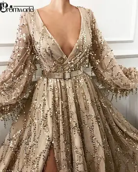 Seksualus Plyšio Aukso Vakaro Suknelės 2021 Naujausias Mados Blizgančiais Nėrinių Dubajus, Saudo Arabų Prom Chalatai Ilgomis Rankovėmis Oficialų Šalis Suknelė