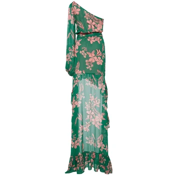 Seksualus Vieną Petį Gėlių Spausdinti Raukiniai Nereguliarus Ilgą Šifono Suknelės Moterims 2020 Metų Vasaros Elegantiškas, Aukštos Kokybės Kilimo Ir Tūpimo Tako Suknelė