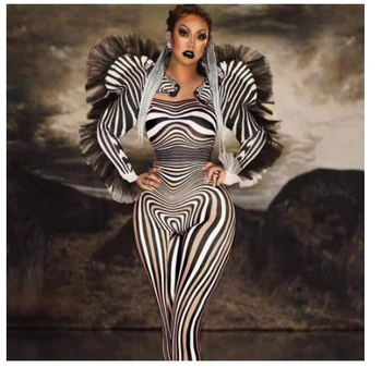 Seksualus Zebra Modelis Jumpsuit Moterų, Dainininkė Seksualus Etape Apranga Baras DS Šokių Cosplay Bodysuit Kostiumas Prom Drabužiai