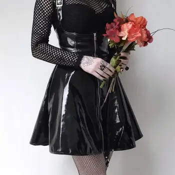 Sexy Moteris Punk Slim Užtrauktukas Dirbtiniais Odos Suspender naktinis klubas Trumpas PVC Suknelė Dirželis Patentų Moterų Klubą Suknelė 2020 m.