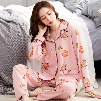 Sexy Moteris Spausdinti Pižamos Rožinė Ponios Sleepwear Nustatyti ilgomis Rankovėmis Kelnės Pijamas Mujer Moterų Medvilnės Pižama Plius Dydžio naktiniai drabužiai