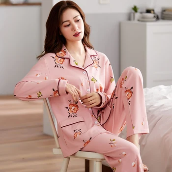 Sexy Moteris Spausdinti Pižamos Rožinė Ponios Sleepwear Nustatyti ilgomis Rankovėmis Kelnės Pijamas Mujer Moterų Medvilnės Pižama Plius Dydžio naktiniai drabužiai