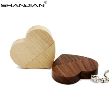 SHANDIAN（10vnt nemokama logo）medinė Širdis + metalo dovanų dėžutė, USB 2.0 Flash Drive 64GB 32GB 16 GB 4 GB U Disko fotografija, vestuvių dovanos