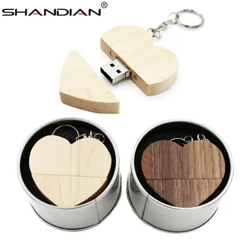 SHANDIAN（10vnt nemokama logo）medinė Širdis + metalo dovanų dėžutė, USB 2.0 Flash Drive 64GB 32GB 16 GB 4 GB U Disko fotografija, vestuvių dovanos