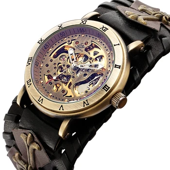 SHENHUA Retro Gotikos Bronzos Skeletas Automatinis Mechaninis laikrodis Vyrams Steampunk Savęs Likvidavimo Tourbillon Laikrodis Žiūrėti Reloj Hombre