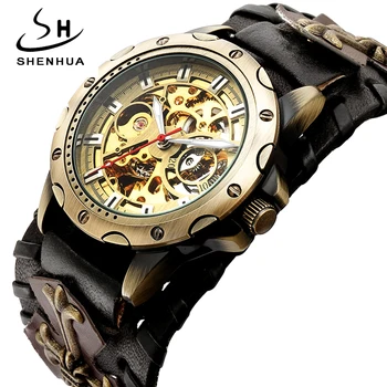 SHENHUA Retro Gotikos Bronzos Skeletas Automatinis Mechaninis laikrodis Vyrams Steampunk Savęs Likvidavimo Tourbillon Laikrodis Žiūrėti Reloj Hombre