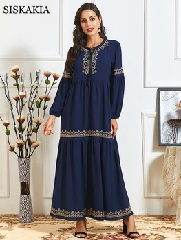 Siskakia Elegantiškas Maxi Suknelė Moterims Rudenį 2020 M., Tamsiai Mėlynos Etninės Siuvinėjimo Plius Dydis-ilgomis Rankovėmis arabų Musulmonų Turkija Drabužiai