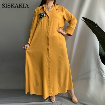 Siskakia Maxi Marškinėliai Suknelė Visiškai Medvilnės Akių Siuvinėjimo Etninės Hijab Suknelės Moterims, Malaizija, Turkija, arabų Musulmonų Apdaras Rudenį 2020 m.