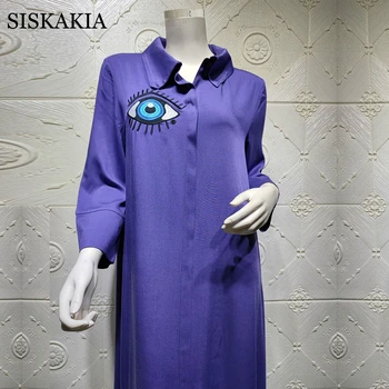 Siskakia Maxi Marškinėliai Suknelė Visiškai Medvilnės Akių Siuvinėjimo Etninės Hijab Suknelės Moterims, Malaizija, Turkija, arabų Musulmonų Apdaras Rudenį 2020 m.