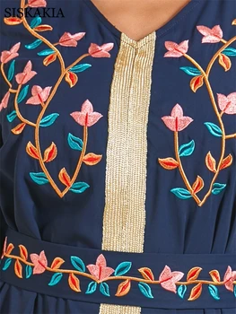 Siskakia Maxi Suknelė Moterims Rudenį 2020 Elegantiška Mėlynos Etninės Gėlių Siuvinėjimas Prarasti Plius Dydis-ilgomis Rankovėmis Juostinės arabų Drabužiai