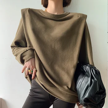 SISPELL vientisos Spalvos Pagalvėlės Pečių Moterų Sweatershirt O Kaklo, ilgomis Rankovėmis Prarasti Dėl Moterų Atsitiktinis Sweatshiers 2020 Mados Banga
