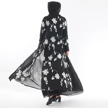 Siuvinėjimo audinio Suknelė abaja Dubajus Islamo Musulmonų Šaliai arabų Moterų Black Mados Atidaryti Priekiniai Kimono Ilgas, Maxi Megztinis Suknelė