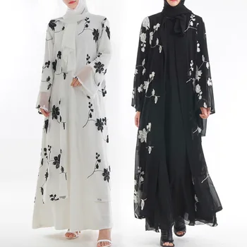 Siuvinėjimo audinio Suknelė abaja Dubajus Islamo Musulmonų Šaliai arabų Moterų Black Mados Atidaryti Priekiniai Kimono Ilgas, Maxi Megztinis Suknelė
