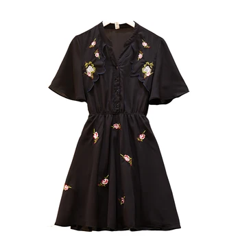 Siuvinėjimo Gėlių Didelio Dydžio Moterų Šifono Suknelė prancūzijos Šviesą Elastinga Juosmens Linijos Atsitiktinis Palaidų Pynimas Marškinėliai Suknelė Elbise 4XL