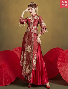 Siuvinėjimo Kinijos Tradicinės Ilgai Cheongsam Suknelė Elegantiškas Vestuvių Nuotaka 