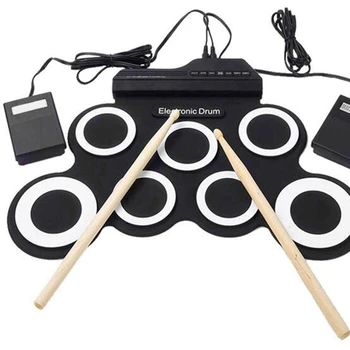 Skaitmeninių Elektroninių suristi Drum Pad Set Kit - Nešiojamų Silikoninė USB 7 Pagalvėlės su Blauzdelės Pedalu Ausinių Lizdas