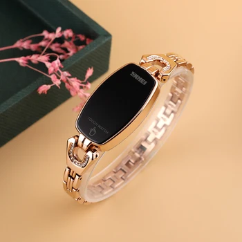 SKMEI LED Touch Moterų Laikrodžiai Mados Deimantų Slim Skaitmeniniai Moterų Laikrodžiai, Nerūdijančio Plieno Dirželis atsparus Vandeniui reloj mujer 1588