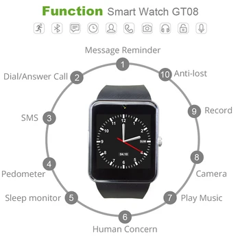 Smart Žiūrėti GT08 Laikrodžio Sinchronizavimo Pranešėjas Paramos Sim TF Kortelę 