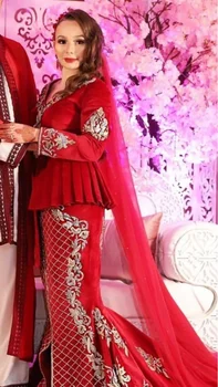Smileven Raudona Undinėlės Maroko caftan Vakarą Aksomo Suknelė ilgomis Rankovėmis Aplikacijos Vakare Chalatai Oficialų Šalis Suknelė