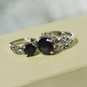 SNewsilver karūna, juodasis agatas, deimantas retro valdinga aristokratiško žavesio vyrų ir moterų pora atidarymo reguliuojamas žiedas