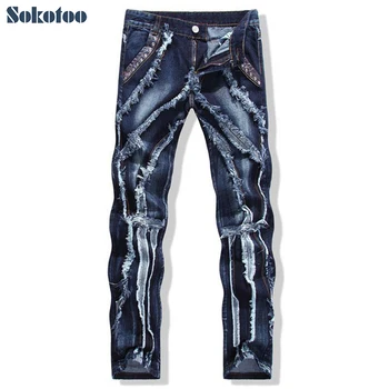 Sokotoo Vyrų mados kratinys spliced ripped jeans Vyriškos asmenybės oda, kniedės slim straight džinsinio audinio kelnės Nemokamas pristatymas