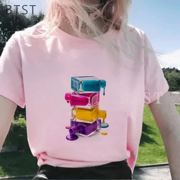 Spalvinga Nagų lako Spausdinami 3D Moterų Marškinėliai Madinga Vasaros Mados Marškinėliai, Femme Tumblr Viršūnes Marškinėlius Atsitiktinis Moterų Drabužiai Viršūnės