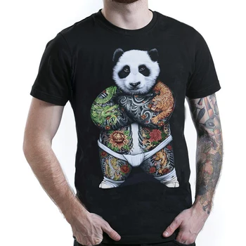 Spalvotų Tatuiruočių Panda T-Shirt Medvilnės Trumpomis Rankovėmis Apvalios Kaklo Marškinėliai