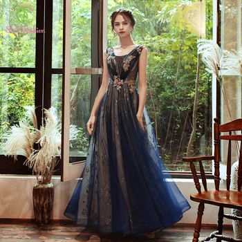 SSYFashion Naujas Pokylių Elegantiškas Tamsiai Mėlyna vakarinę Suknelę Scoop Nėrinių Appliques Rankovių Grindų ilgio Ilgai Oficialų Suknelė Vestidos