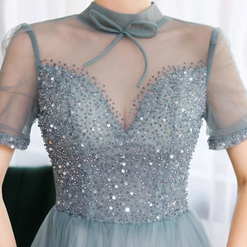 SSYFashion Naujas Pokylių Elegantiškas vakarinę Suknelę Aukštas-kaklo trumpomis Rankovėmis Blizgančiais Duobute-line Prom Oficialią Chalatai Vestido De Noche