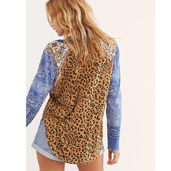 Stilingas Leopard Sujungimas Prancūzijos Mados Moterų Marškinėlius Ilgomis Rankovėmis Marškinėliai 2020 M. Rudenį Naujų Prarasti Seksualus V-Kaklo Marškinėlius Viršūnes Plius Dydis