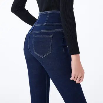 Streetwear Didelis Juosmens sustorėjimas liesas džinsinio audinio kelnės moterų plius dydžio šiltą ruožas Pieštuku džinsai Mama plonas juosmens džinsus, aksomo