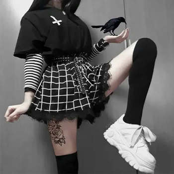 Streetwear Gothic Punk Harajuku Moterų Mini Sijonas Vasaros Atsitiktinis Pledas Plisuotos Nėriniai Moterų Mados Nėriniai Hip-Hop Derliaus Sijonai