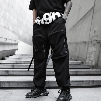 Streetwear Hip-Hop Poilsiu Vyrų Krovinių Kelnės Kišenės 2021 Nauja Juoda Kelio Taktinis Atsitiktinis Juostelės Vyriškos Kelnės Sweatpants