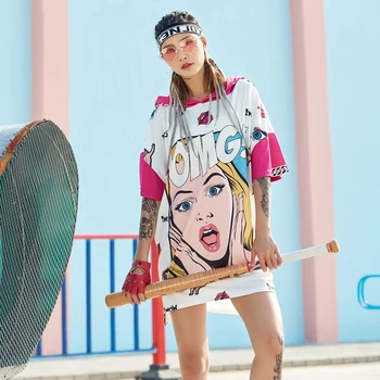 Streetwear Ilgai Viršuje Vasarą Europos Mados 2018 Hip-Hop Grafiti Gatvės Moterų Prarasti Spausdinimo Ilgai marškinėliai Moterims trumpomis Rankovėmis OMG