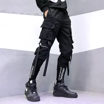 Streetwear Juostelės Kišenės Haremo Kelnės Vyrams Pavasarį Vasaros Atsitiktinis Sweatpants Hip-Hop Poilsiu Slim Fit Black Vyrų Pieštuku Kelnės