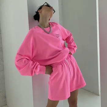 Streetwear Neon Prarasti Tracksuit Moterų Laišką Atspausdinta Dviejų dalių Komplektas Rudenį Marškinėlius ir Šortus Treniruotės Drabužius 2020 m.