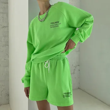 Streetwear Neon Prarasti Tracksuit Moterų Laišką Atspausdinta Dviejų dalių Komplektas Rudenį Marškinėlius ir Šortus Treniruotės Drabužius 2020 m.