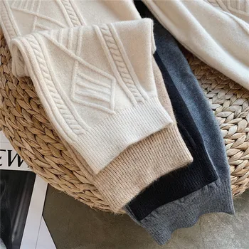 Streetwear Rudenį Storio ziajać moterų kelnės 2020 m. Rudens žiemos aukštos juosmens, palaidi elastinga raišteliu juosmens twist ridikas vilnos kelnės