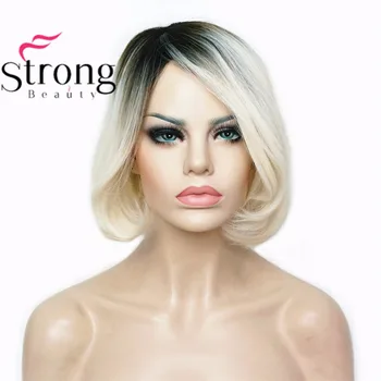 StrongBeauty Moterų Ombre Bob Stiliaus Trumpų Tiesių Plaukų Perukas Platinum Blonde/Tamsiai šaknys Sintetinių Gamtos Visą Perukai