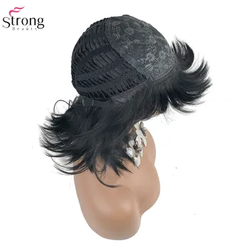 StrongBeauty Moterų Sintetinių Plaukų Perukai Šviesūs/Juodi Vidutinio Tiesūs Plaukai, Tvarkingas Bang Stiliaus Natura Perukas Capless