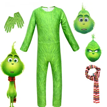Suaugę Vaikai Halloween Kostiumai Grinch Jumpsuits Kaukė Šalikas Žalias Bodysuit Šalies Aprangą Žalios Monstras Cosplay Karnavaliniai Drabužiai