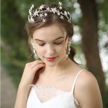Subtilus Sidabro Spalvos Žvaigždė Bridal Crown Vestuvių Plaukų Tiara su auskarai Moterims Gimtadienio Rožančiai Plaukų Aksesuarai