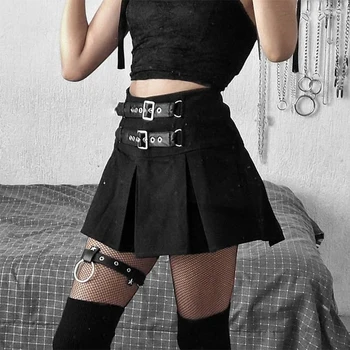 SUCHCUTE Gotikos Mini Sijonai Juoda Grunge Punk Stiliaus Plisuotos Aukšto Juosmens Y2K Mados Moterų Sijonas Su Oda Sagtis Partywear