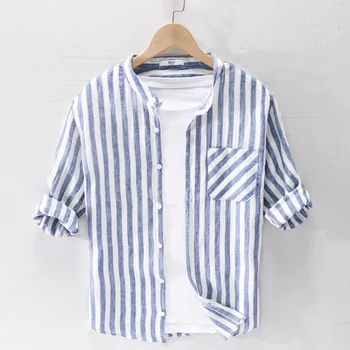 Suehaiwe stiliaus Italija prekės skalbiniai, marškiniai vyrams vasaros atsitiktinis dryžuotas marškinėliai vyrams mados stovėti apykaklės shirt mens trijų ketvirčių
