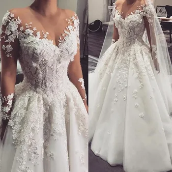 Sumnus arabų Vestuvių Suknelės 2021 ilgomis Rankovėmis Nėrinių Appliques 3D Gėlės Zawalcowany Plius Dydis Tiulio Vestuvinės Suknelės